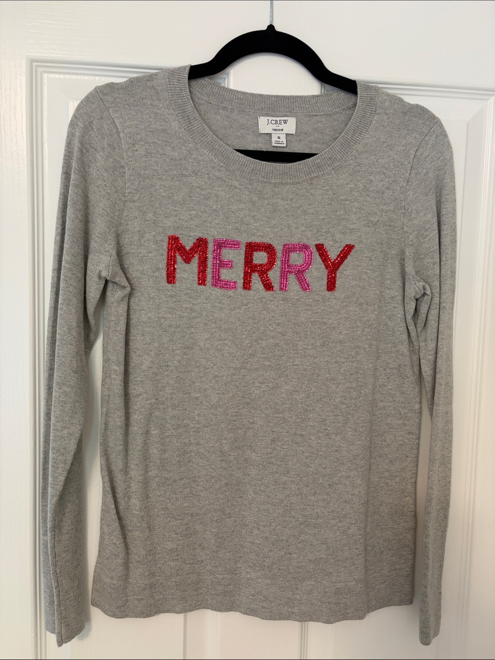 J. Crew Gray Long Sleeve Tee with Pink and Red Sequin "MERRY"
